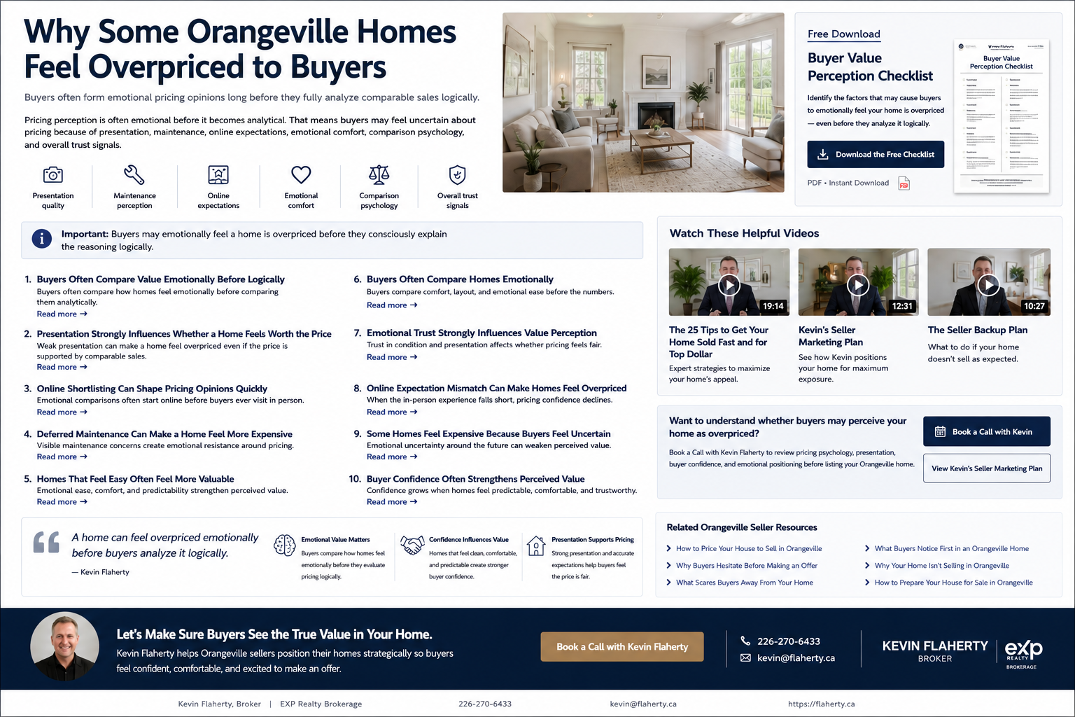 Unbranded horizontal infographic explaining why some Orangeville homes feel overpriced to buyers including emotional pricing psychology buyer value perception presentation and downloadable checklist