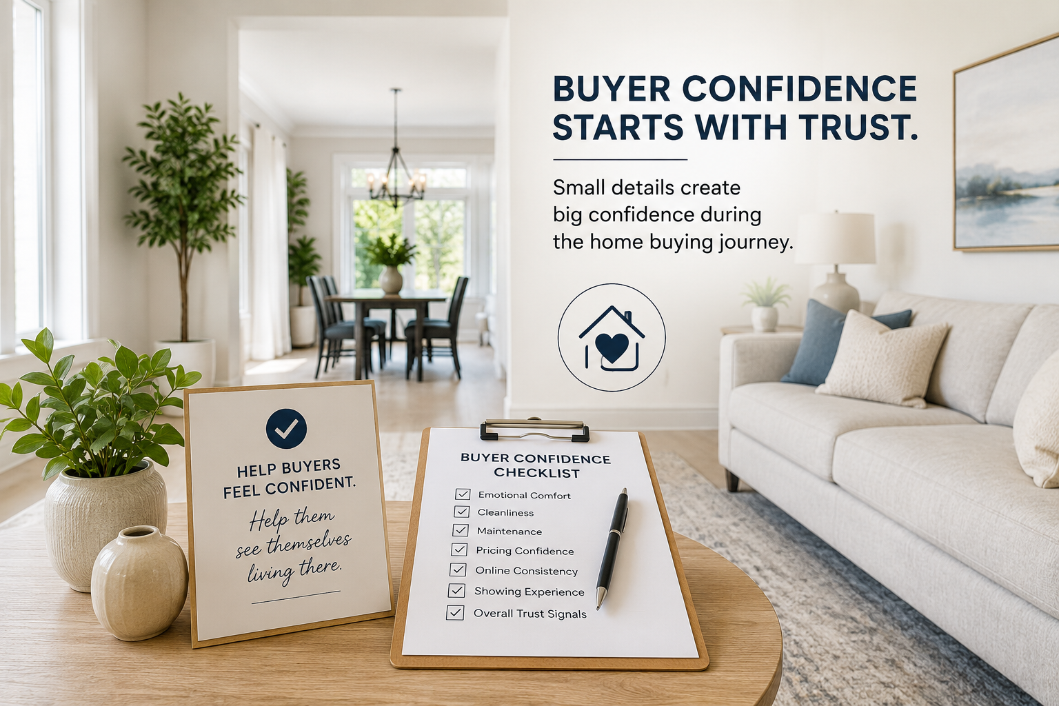 Unbranded horizontal infographic showing buyer confidence signals for Orangeville home sellers including emotional comfort cleanliness maintenance pricing confidence online consistency and downloadable checklist