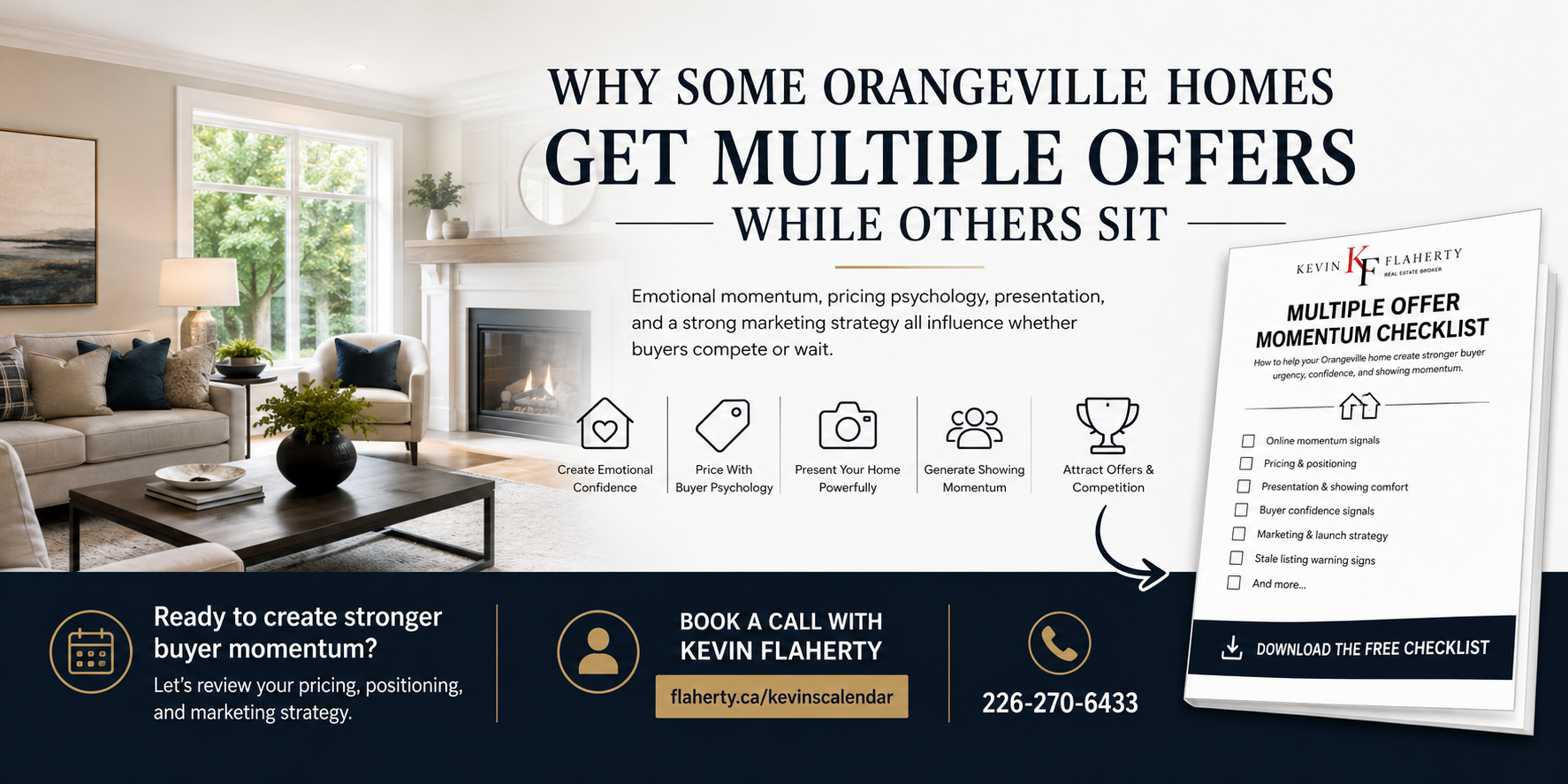 Unbranded horizontal infographic about why some Orangeville homes get multiple offers while others sit, including buyer momentum, pricing psychology, marketing strategy, and downloadable checklist