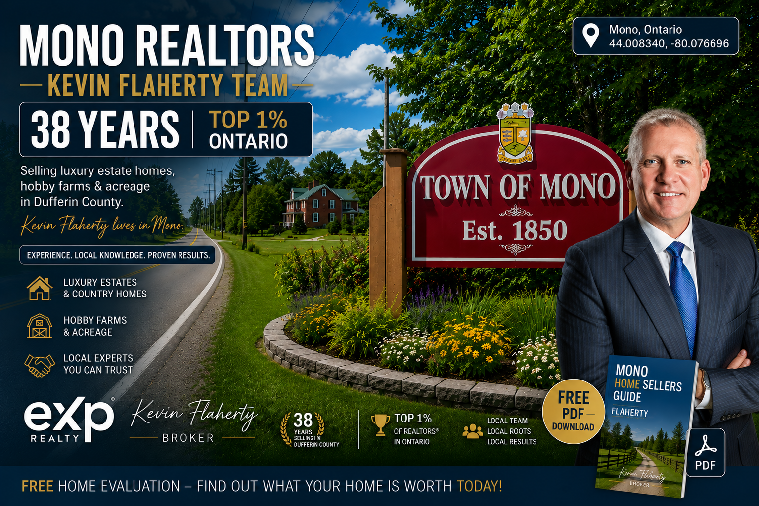 Mono real estate — selling estate homes, hobby farms, luxury acreage, and detached properties, photographed at 44.00834°N 80.076696°W
