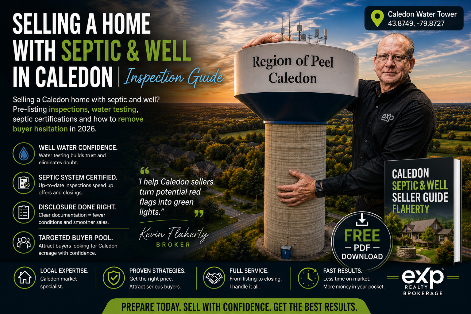 Kevin Flaherty beside the Caledon Water Tower for a Caledon septic and well seller guide