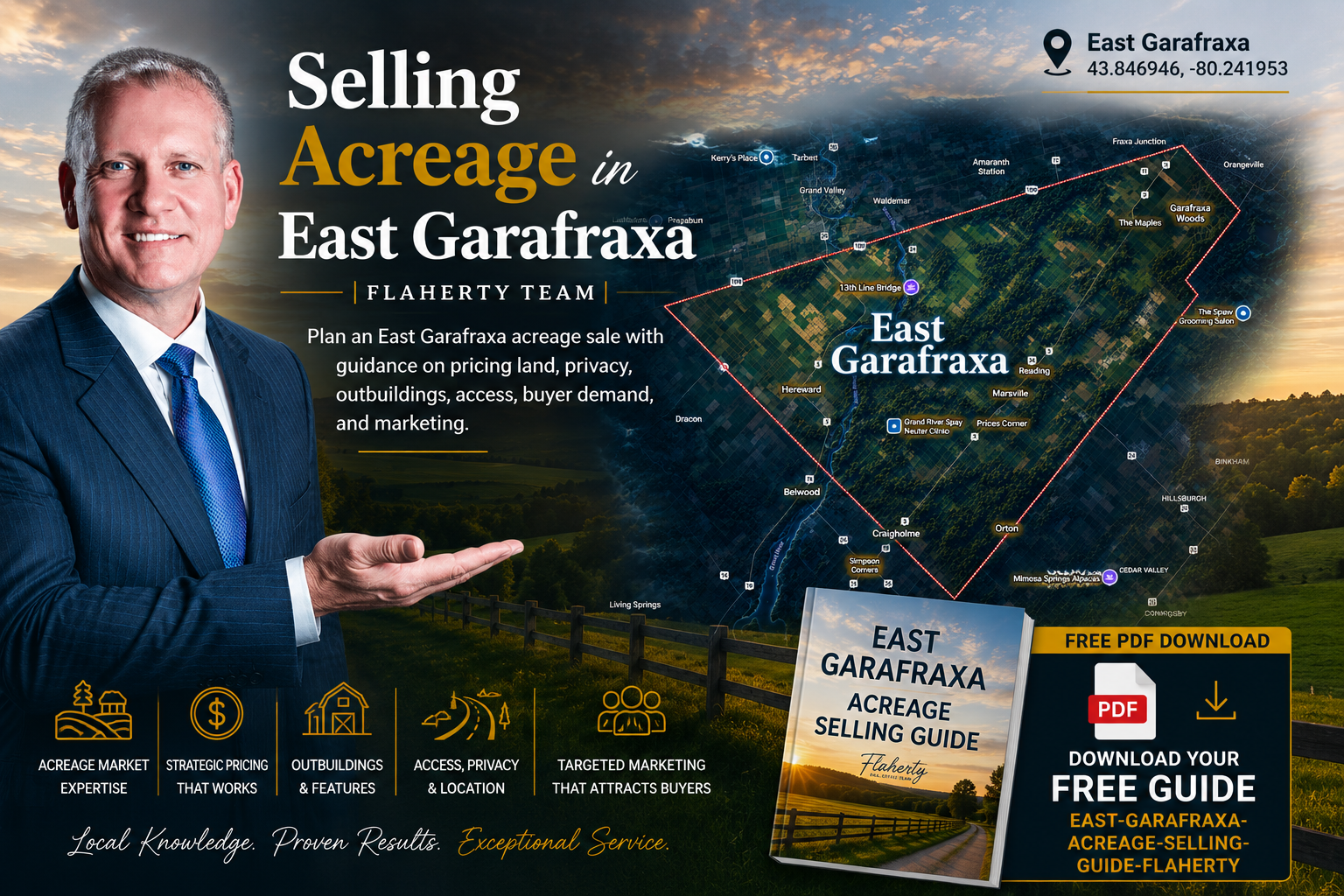 Kevin Flaherty presenting an East Garafraxa acreage map near Brookhaven and Rayburn Meadows.
