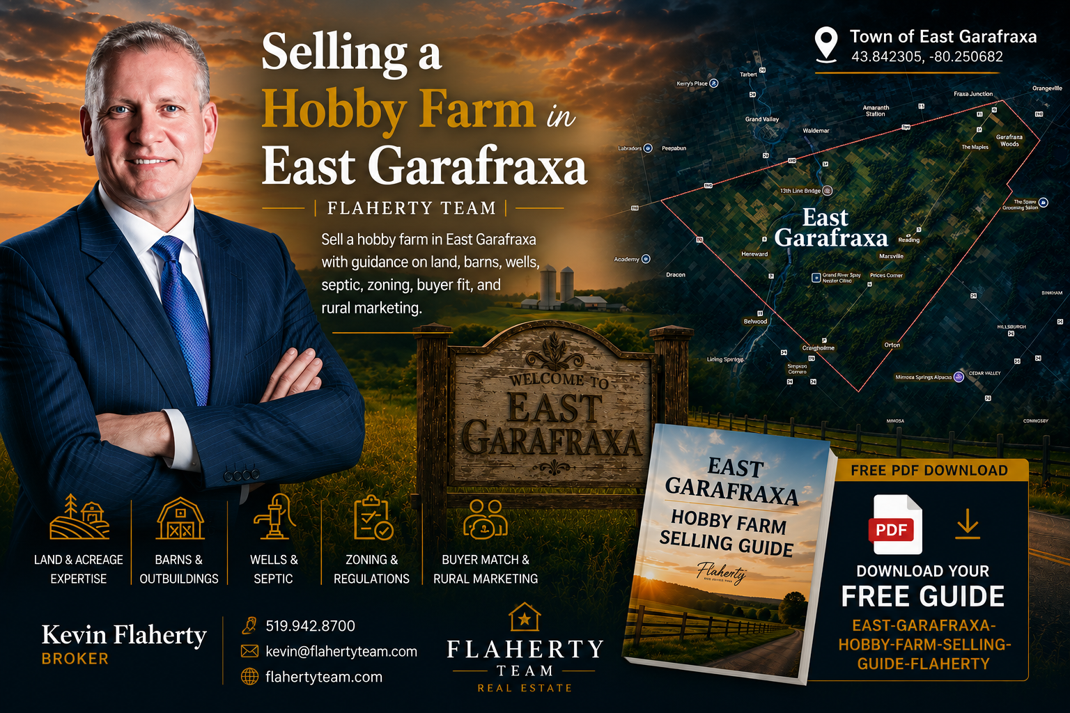map of East Garafraxa and a welcome to East Garafraxa sign and Kevin Flaherty with arms crossed in a blue suit