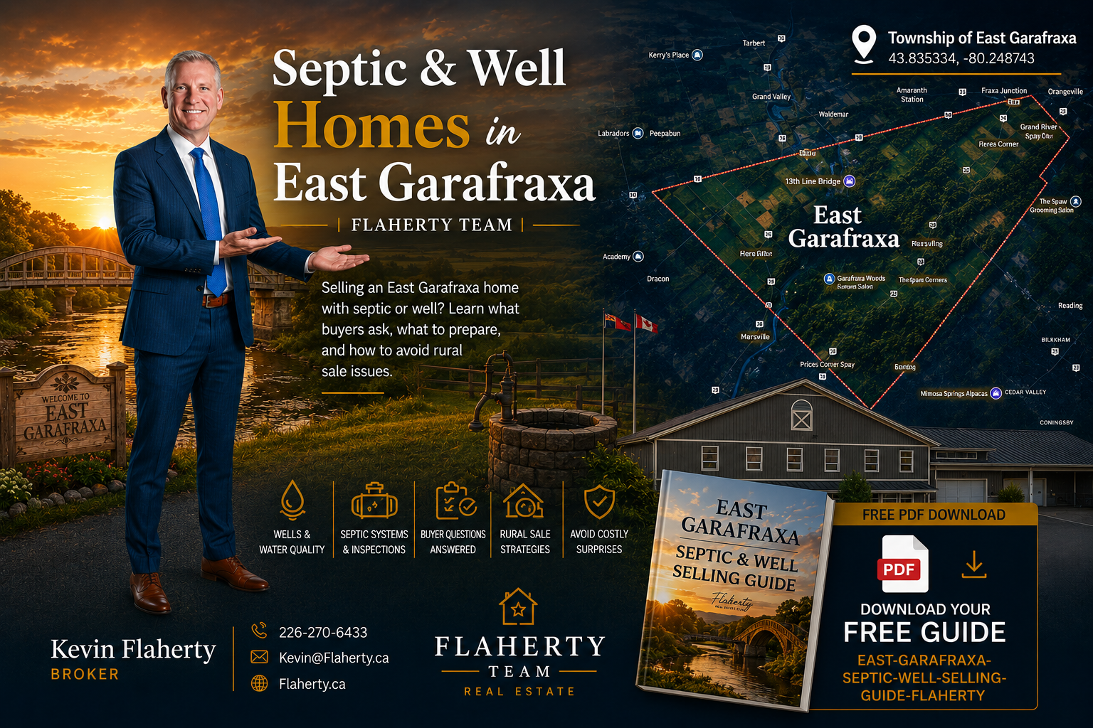 Free PDF download for East Garafraxa septic and well seller guide featuring Kevin Flaherty, East Garafraxa Township Municipal Office, the Grand River, and a well.