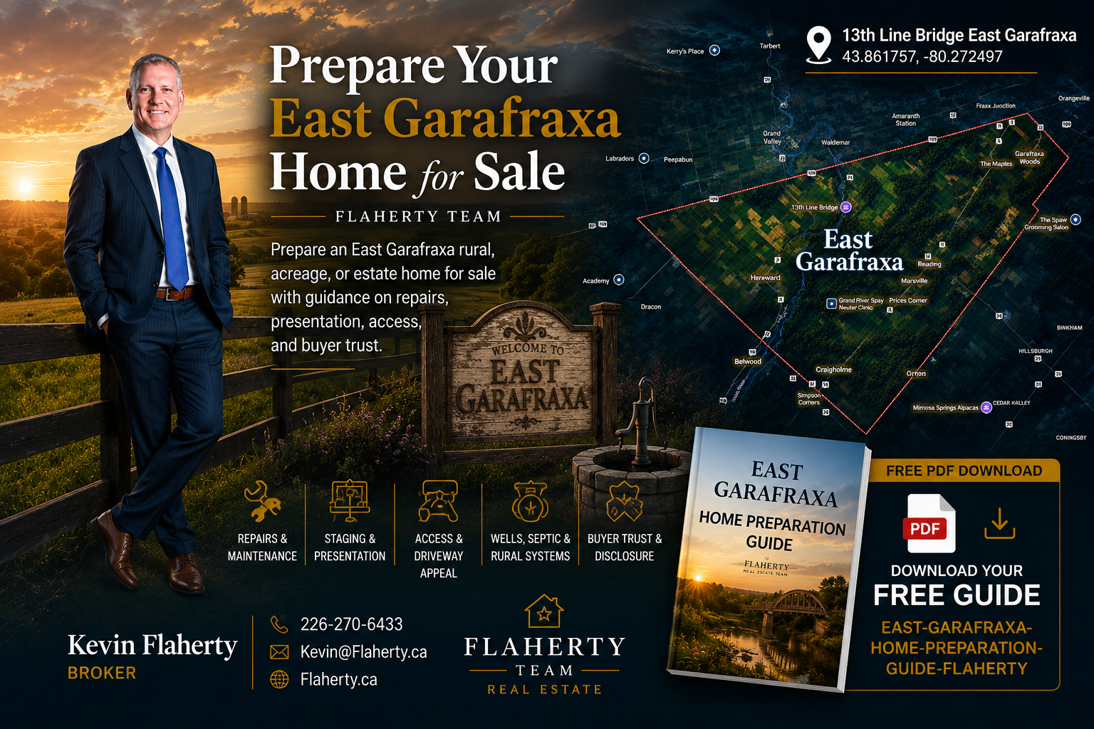 East Garafraxa Home Preparation Guide PDF download image featuring Kevin Flaherty, rural landscape, and map