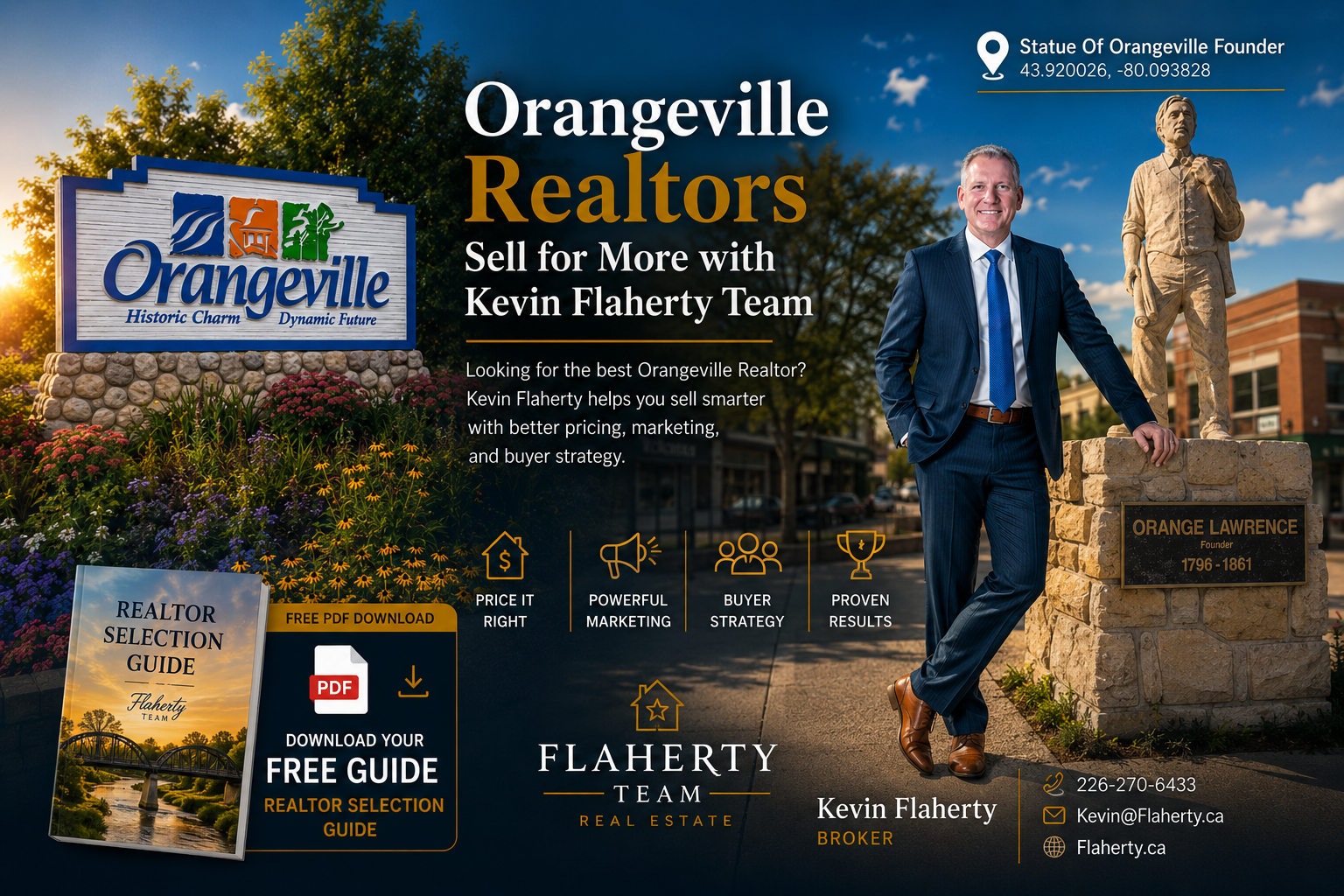 Kevin Flaherty in a blue suit standing at the statue of Orangeville's founder and a Welcome to Orangeville sign with the title Orangeville Realtors