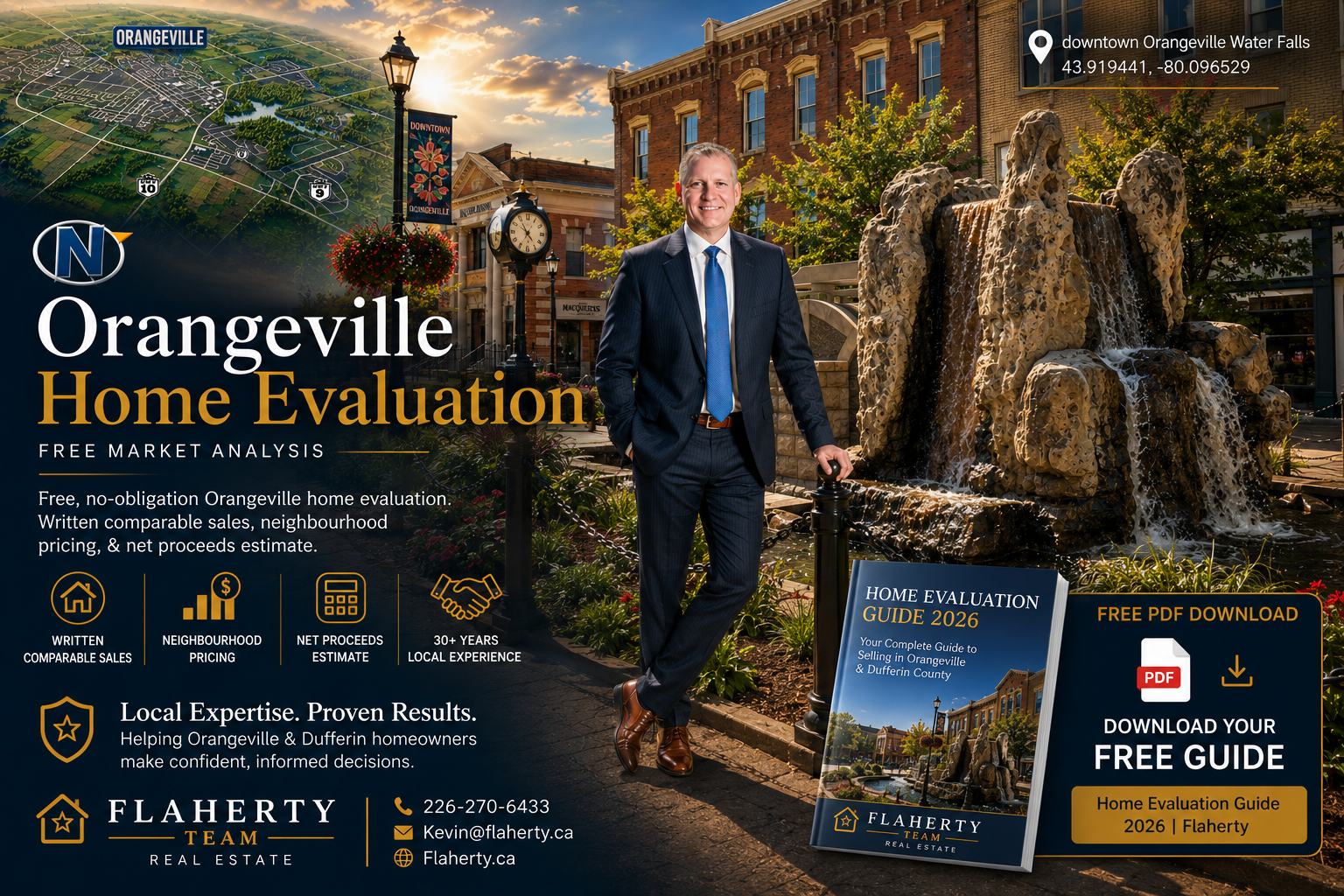 Kevin Flaherty in a blue suit standing beside Orangeville's Downtown Waterfall at 43.919441, -80.096529
