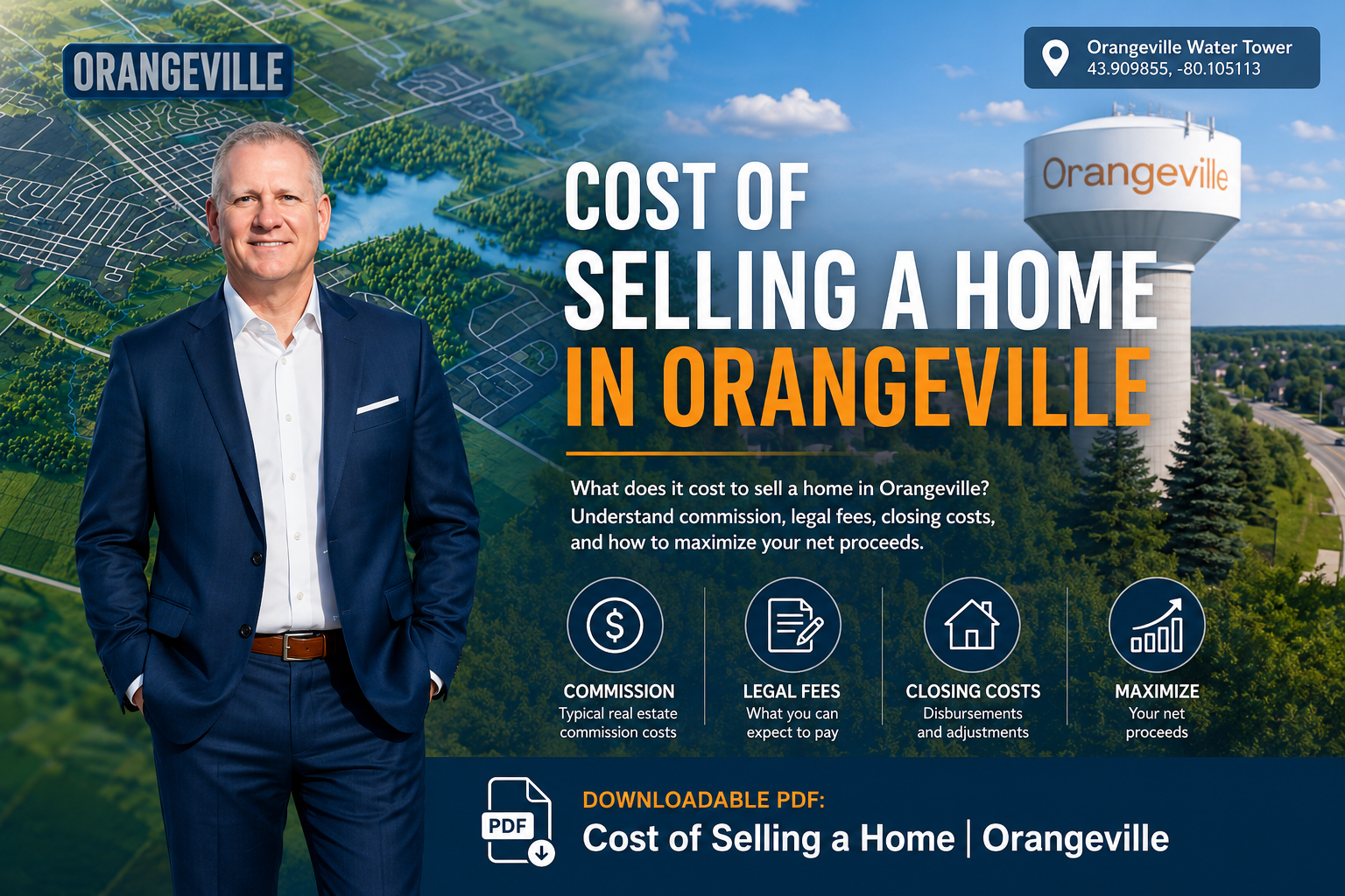 Kevin Flaherty in a blue suit standing with the Orangeville water tower photographed at 43.909855°N -80.105113°W