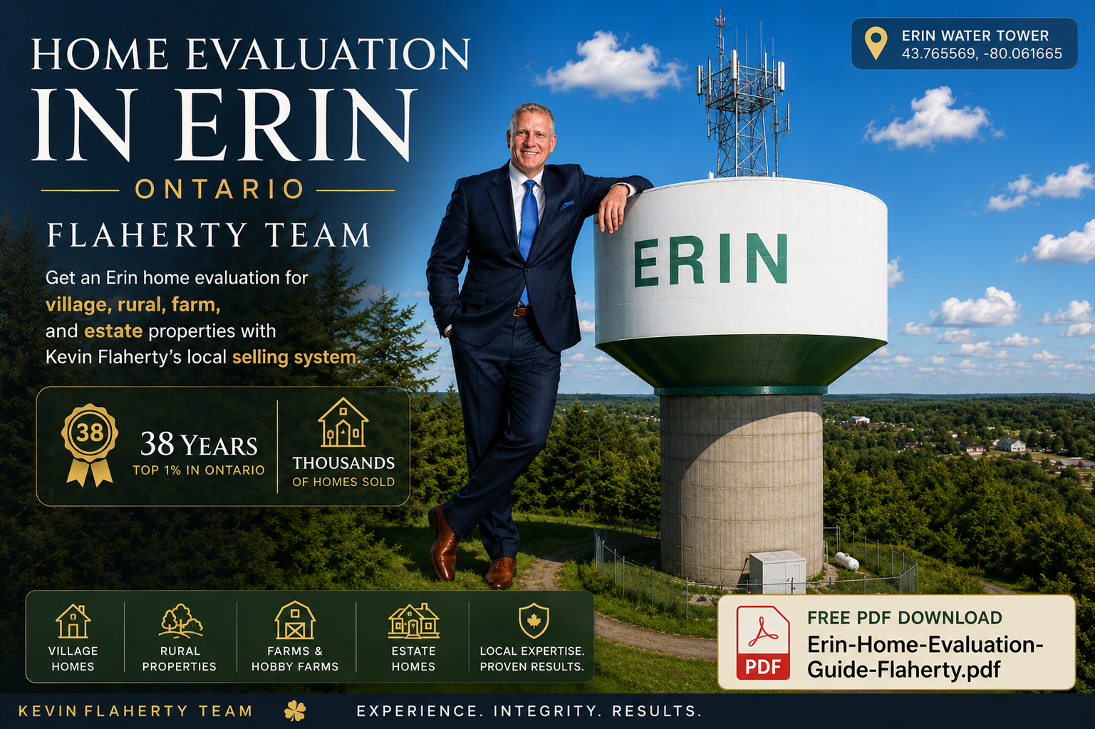 Erin Water Tower real estate — home evaluation, photographed at 43.765569°N 80.061665°W