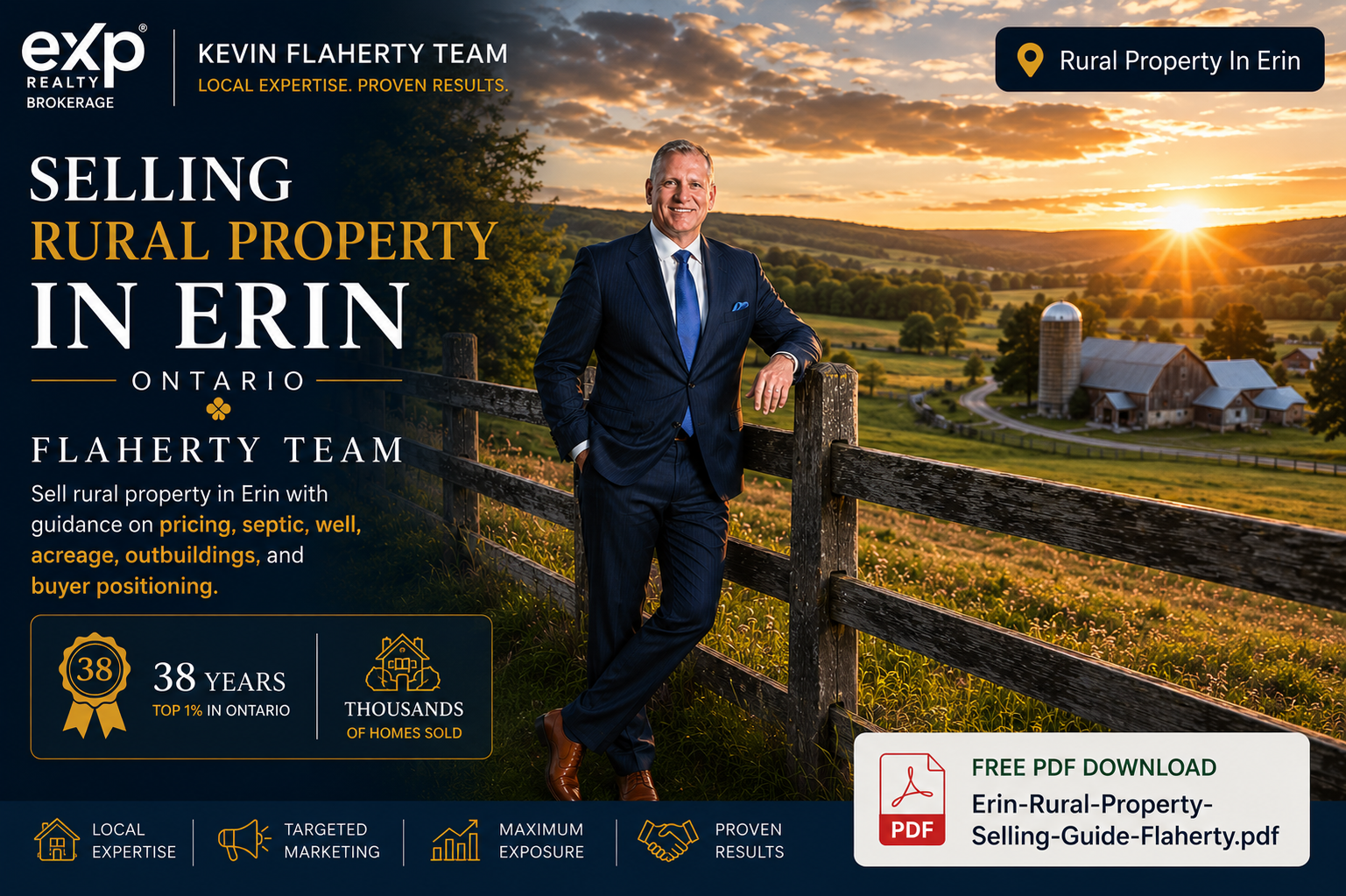 Kevin Flaherty leaning against a fence with a farm in the background in the Township of Erin