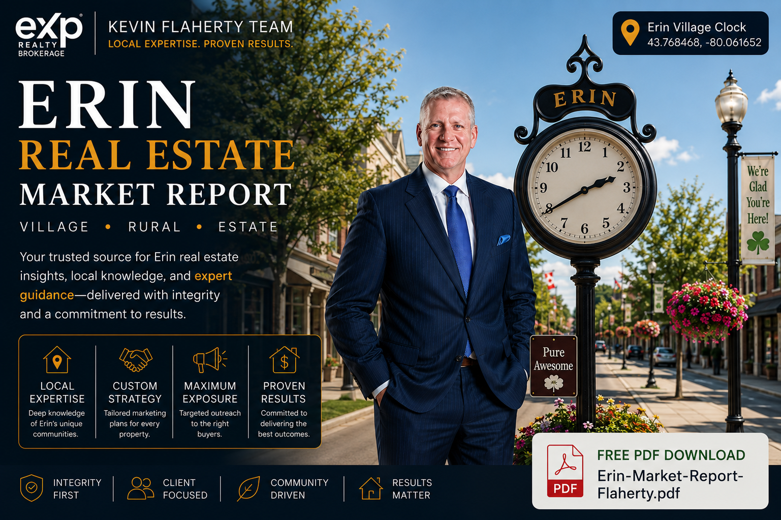 Kevin Flaherty in a blue suit standing beside the Erin Village Clock