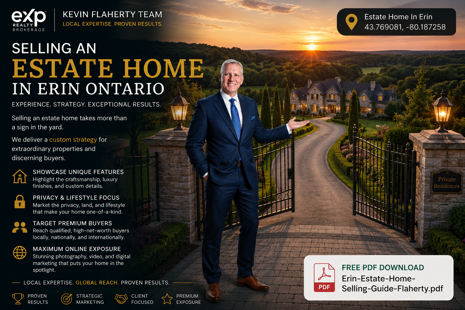 Kevin Flaherty standing at the entrance to a gated estate home in Erin