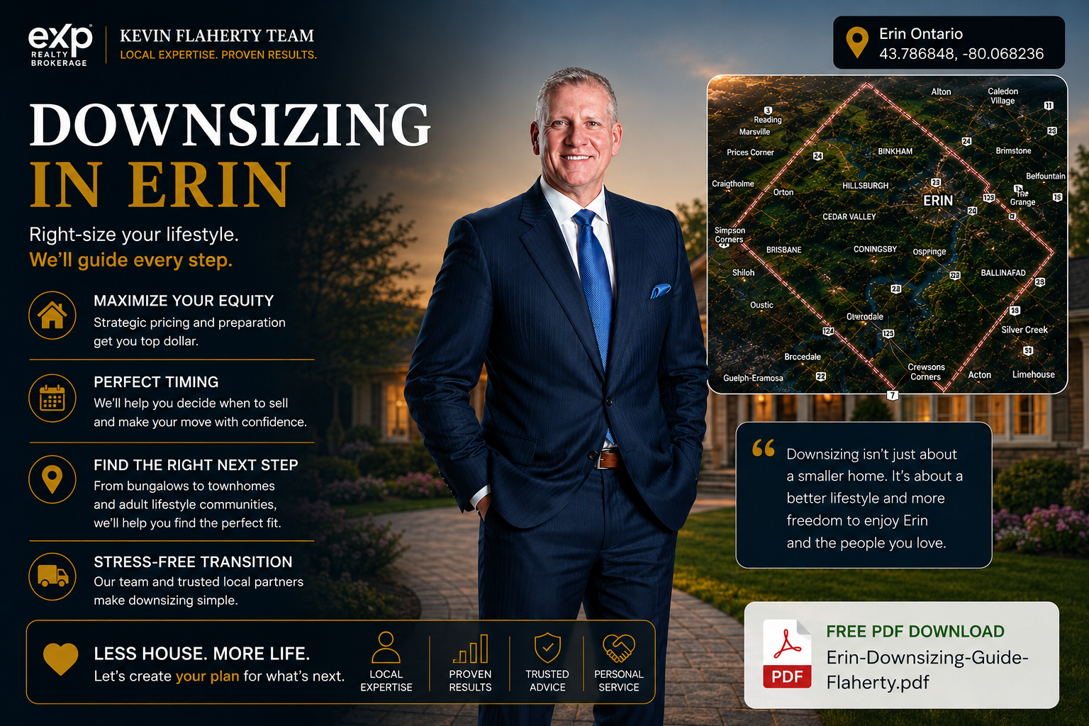 Kevin Flaherty in blue suit standing beside a map of Erin Ontario near the Erin Community Centre