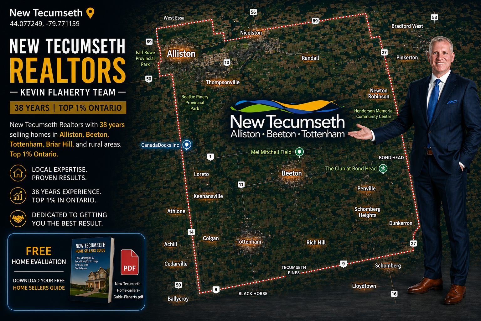 Kevin Flaherty standing in a suit holding his hand out presenting a map of New Tecumseth Ontario 44.077249 -79.771159