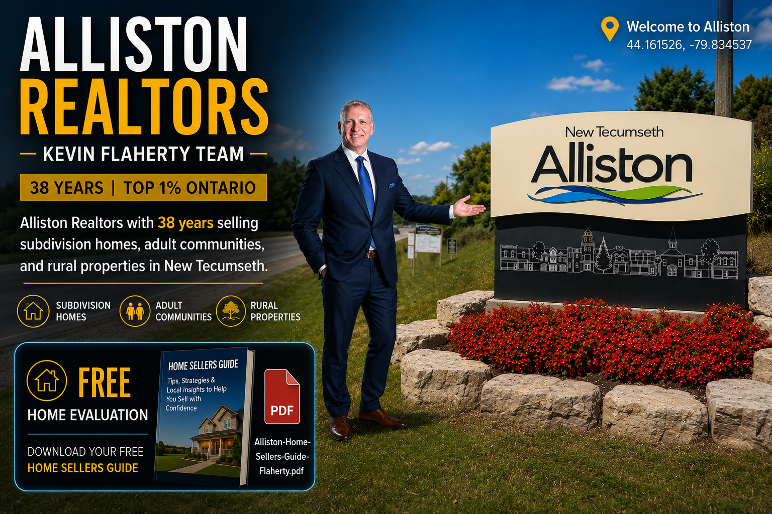 Kevin Flaherty in a blue suit standing beside the road sign and the entrance to Alliston that says New Tecumseth Alliston 44.161526 -79.834537