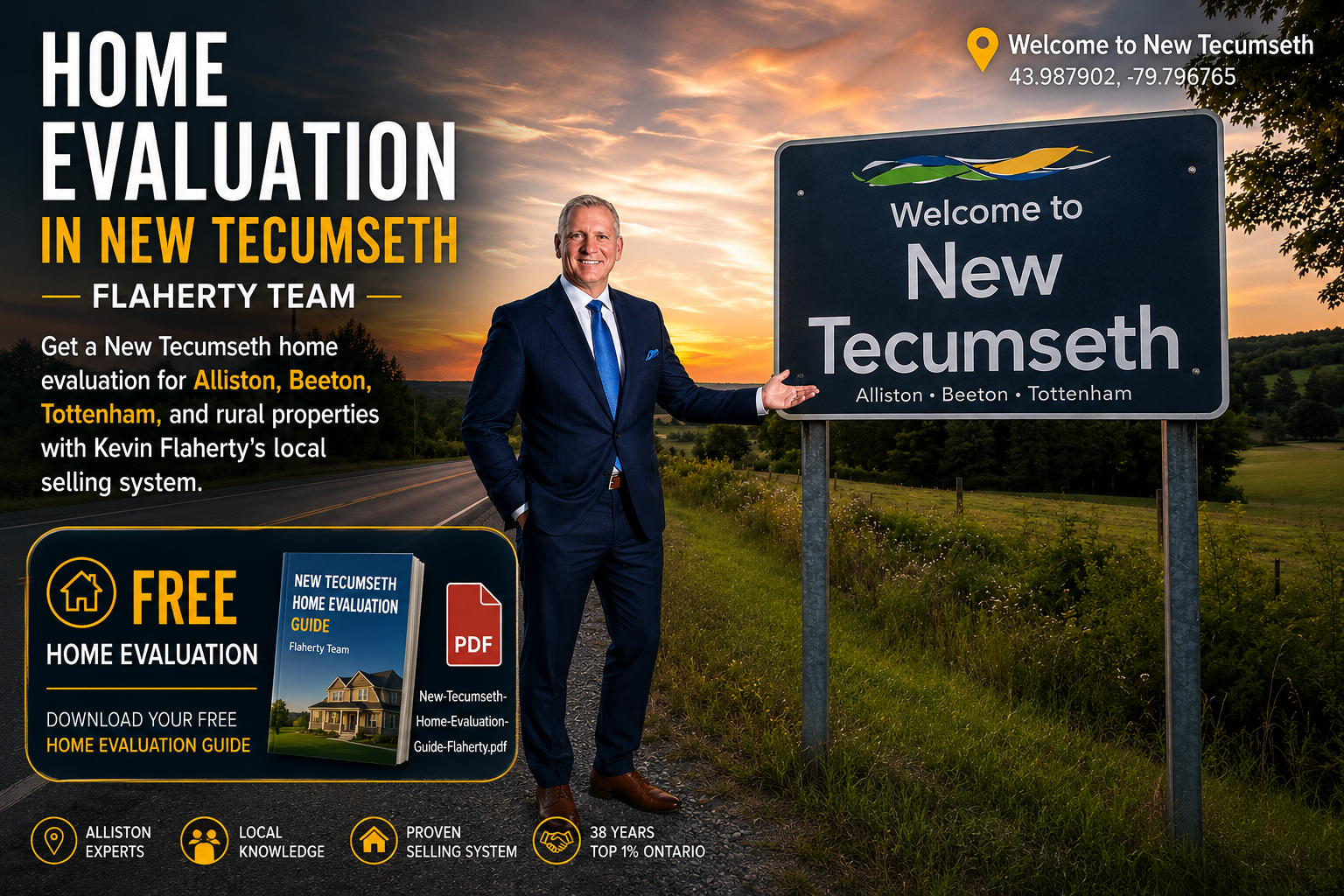 Welcome to New Tecumseth road sign real estate — home evaluation, photographed at 43.987902N 79.796765W near Alliston Ontario