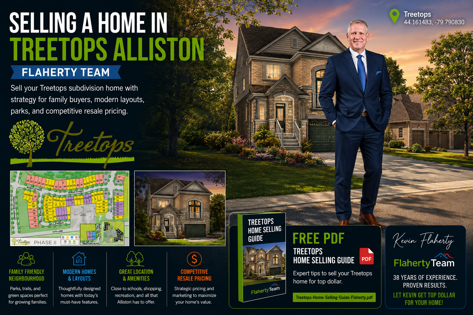 Kevin Flaherty standing in front of a Treetops home in Alliston, Ontario, near the Nottawasaga Resort, at 44.161483°N 79.790830°W