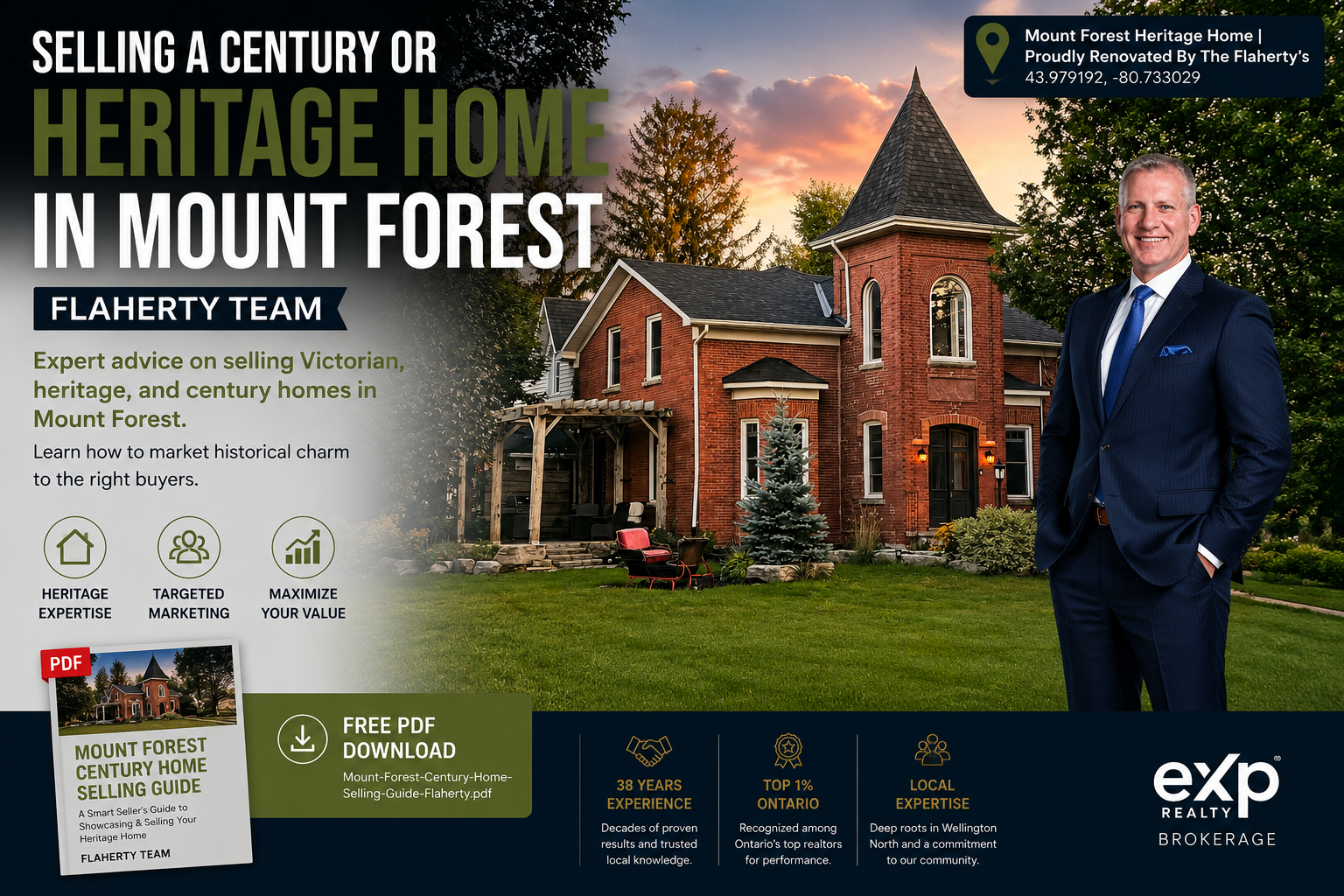 Kevin Flaherty standing in front of the century home he owns and renovated in Mount Forest, photographed at 43.979192°N 80.733029°W