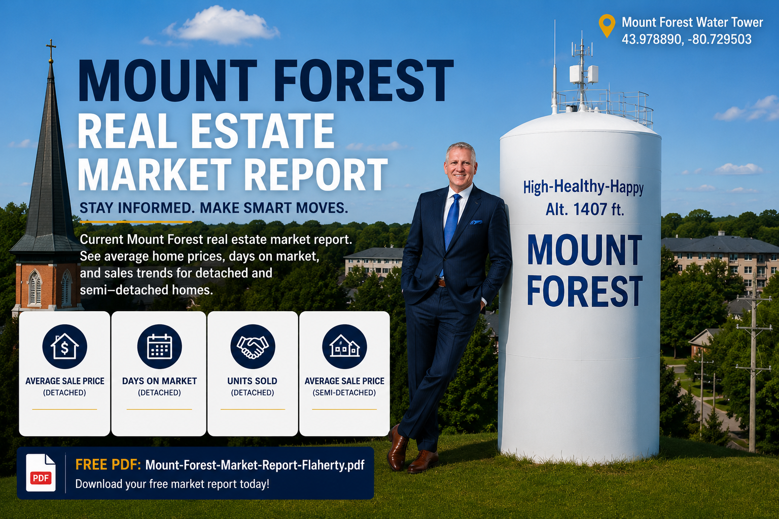 Kevin Flaherty standing next to the Mount Forest water tower at 43.978890, -80.729503