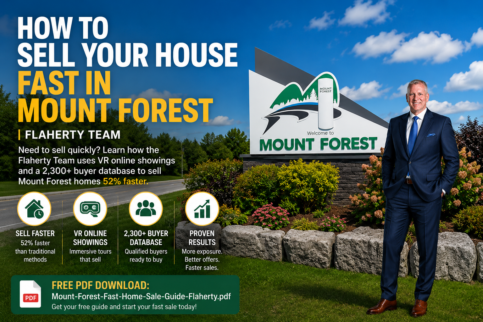 Kevin Flaherty standing at one of the Mount Forest welcome signs at 43.982333, -80.708911