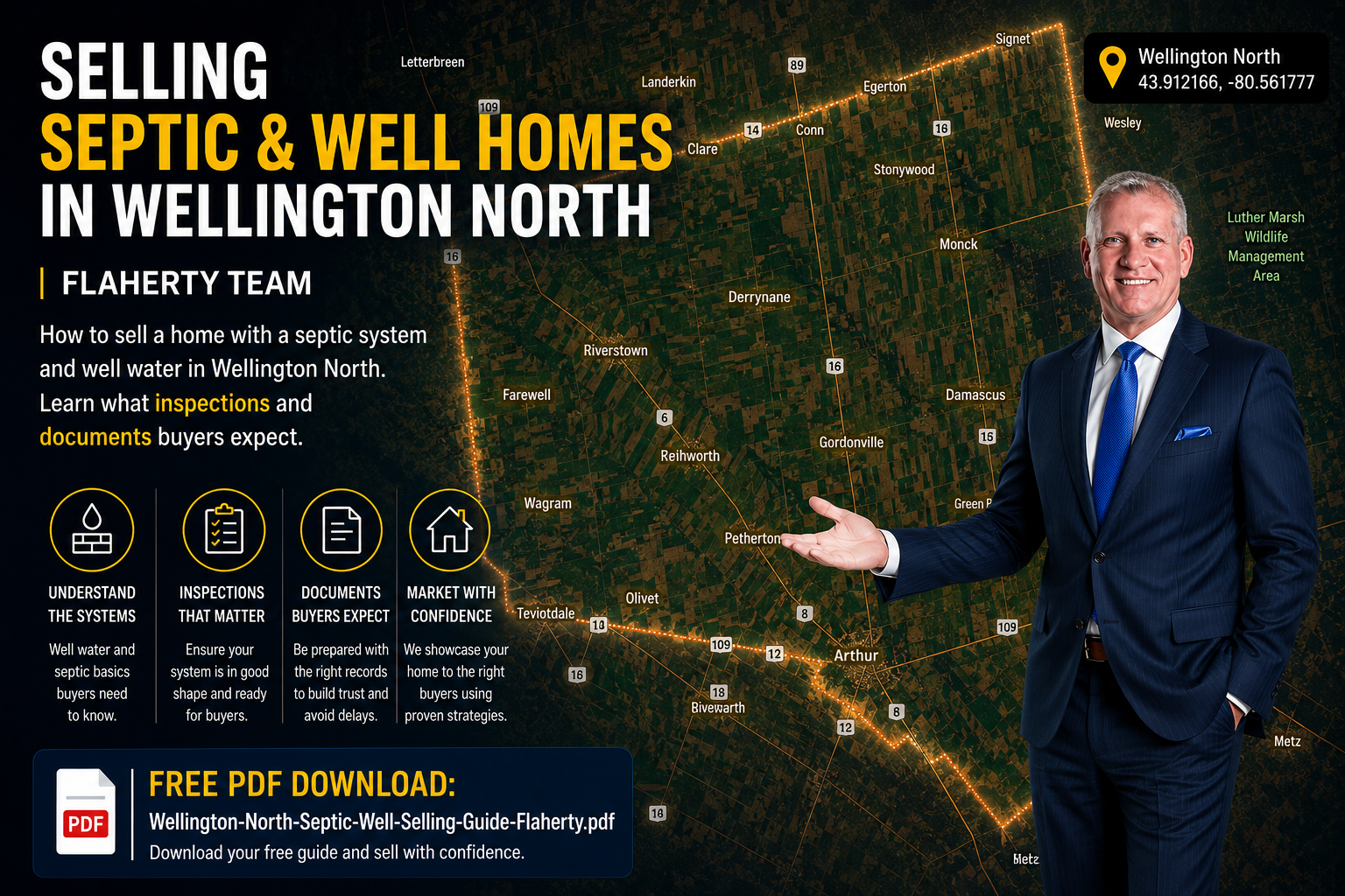 Kevin Flaherty standing in a blue suit presenting a map of Wellington North at 43.912166, -80.561777
