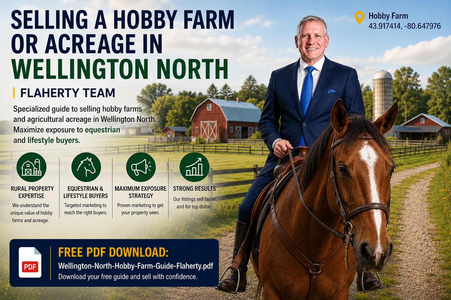 Kevin Flaherty in a blue suit riding a horse with a hobby farm in the background at 43.917414, -80.647976