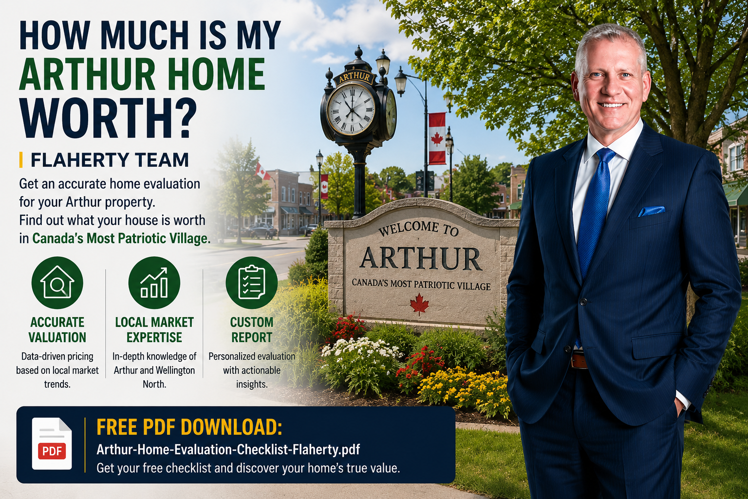 Kevin Flaherty standing beside the Arthur town clock at 43.831773, -80.536748