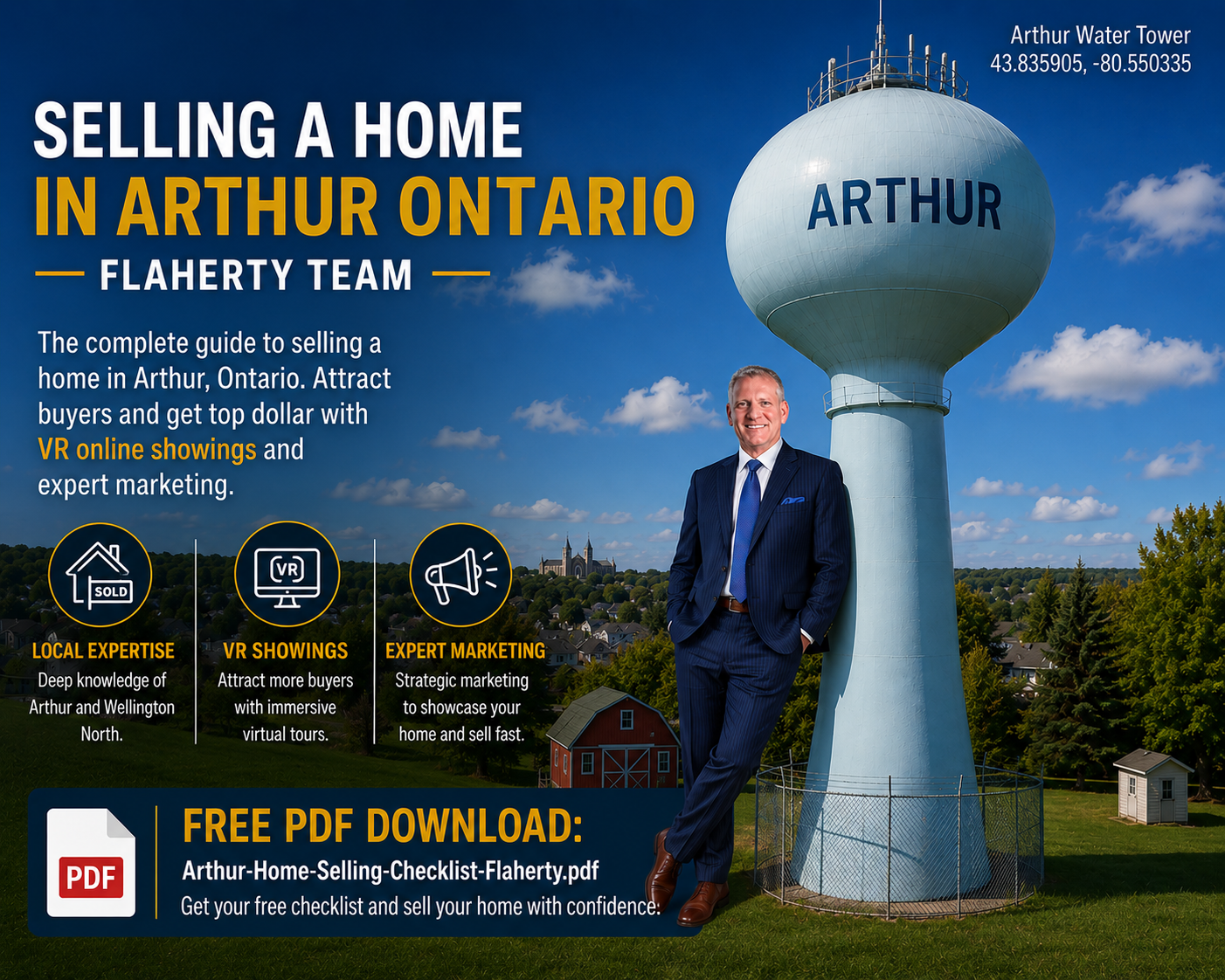 Kevin Flaherty standing beside the Arthur water tower at 43.835905, -80.550335, Township of Wellington North
