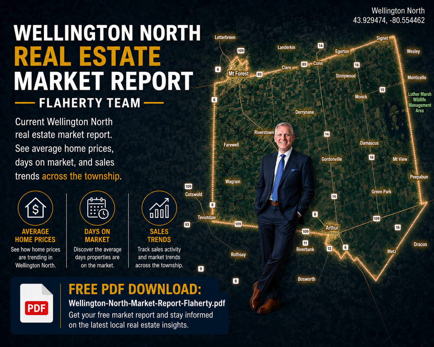 Kevin Flaherty standing next to the map of Wellington North at 43.929474, -80.554462