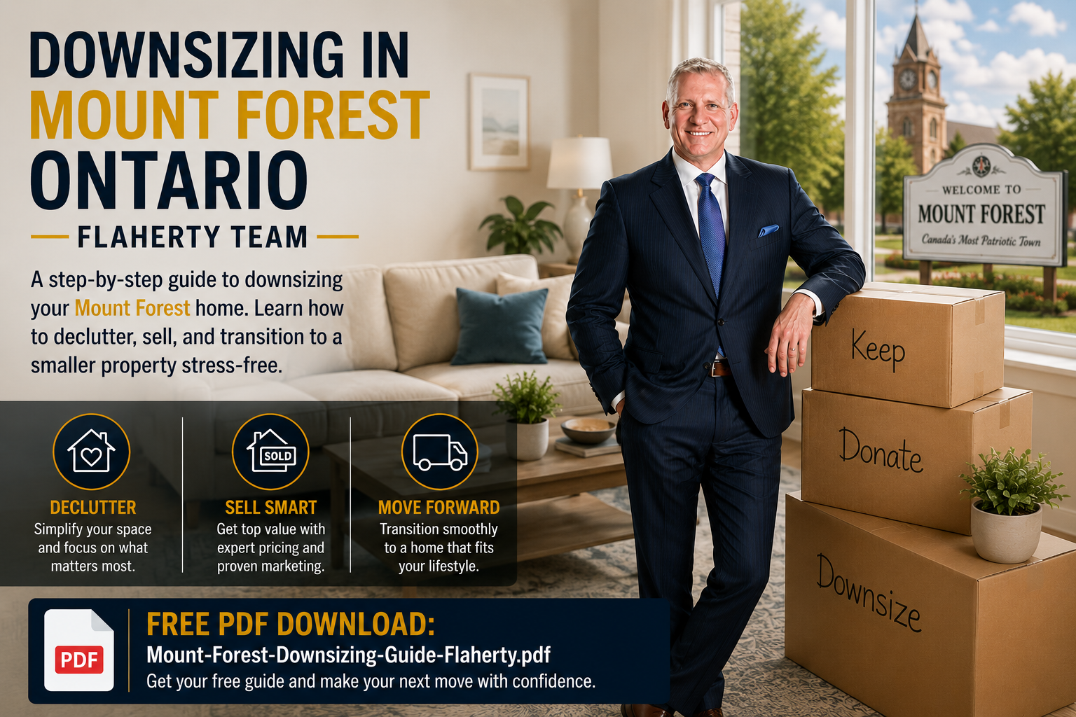 Kevin Flaherty with moving boxes helping homeowner downsize in Mount Forest Ontario at 43.982333, -80.708911