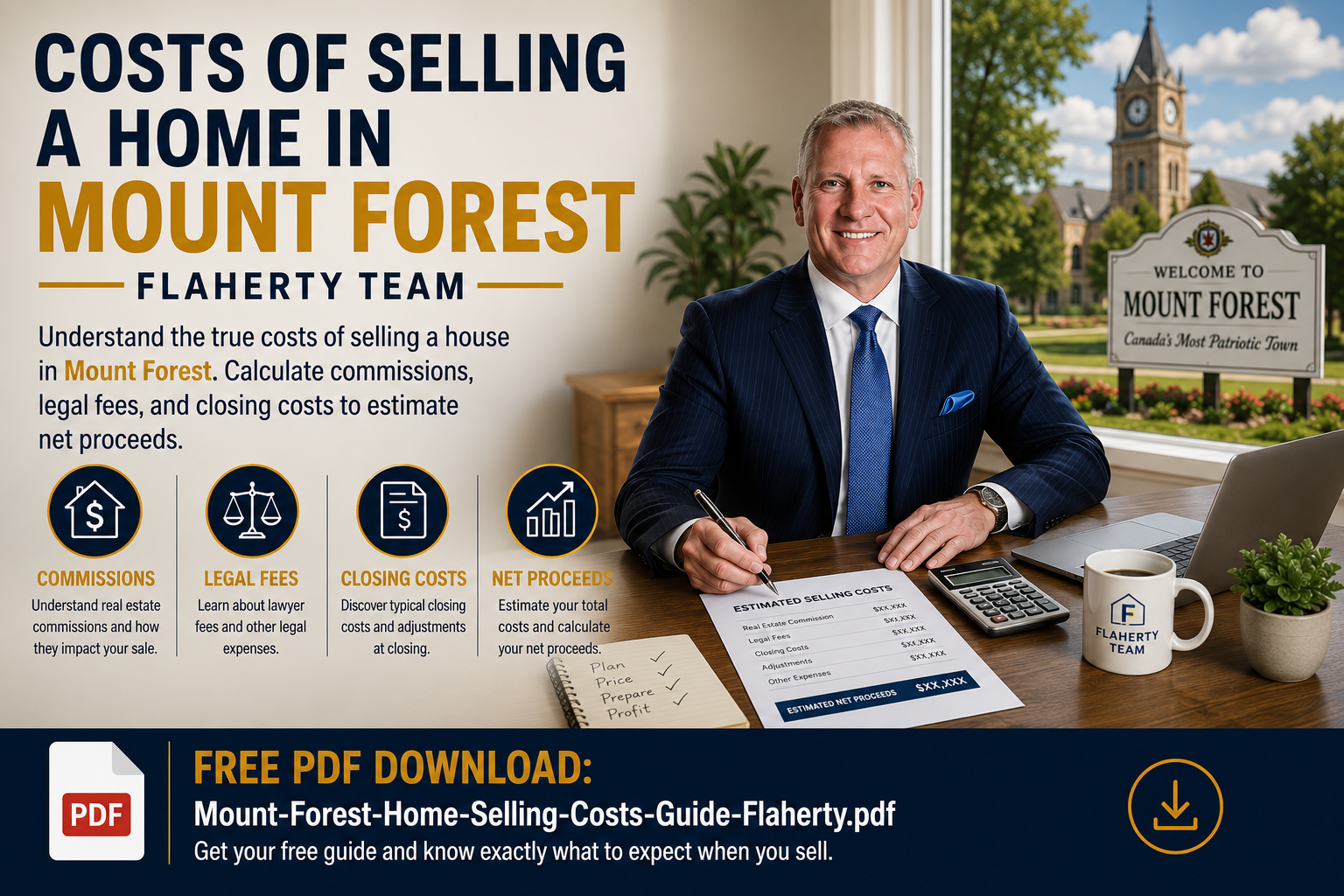 Mount Forest real estate — costs of selling, photographed at 43.982333°N -80.708911°W