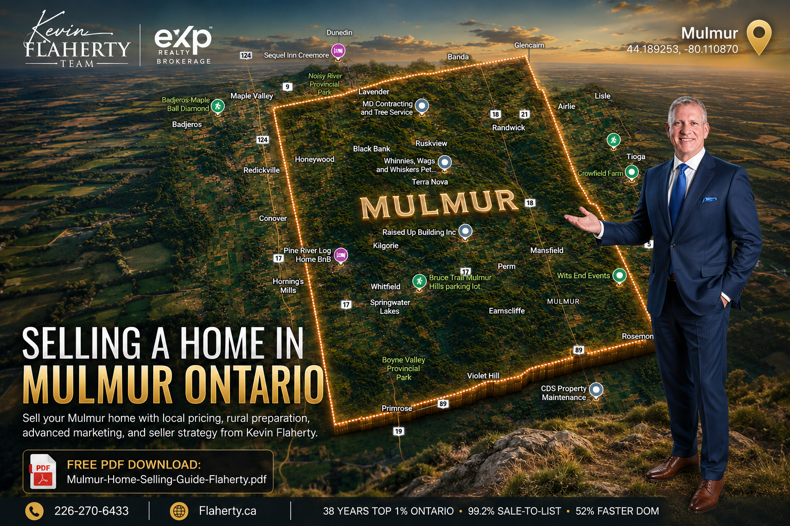 Kevin Flaherty in a blue suit standing in front of a map of Mulmur, photographed at 44.189253 N 80.110870 W, Mulmur Township, Dufferin County, Ontario, Canada