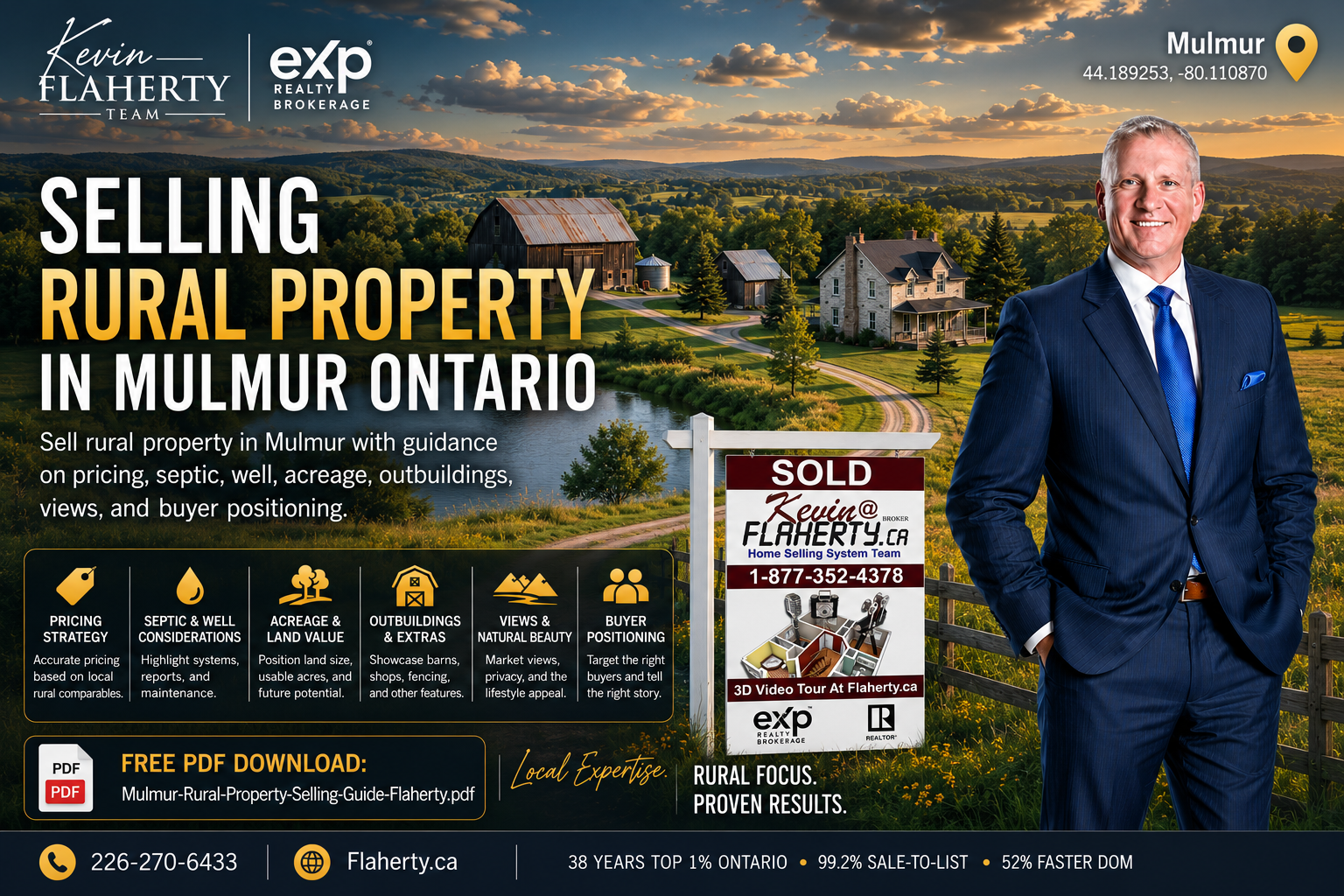 Kevin Flaherty standing at a rural property in Mulmur with his sold sign on the property, photographed at 44.189253 N 80.110870 W, Mulmur Township, Dufferin County, Ontario, Canada