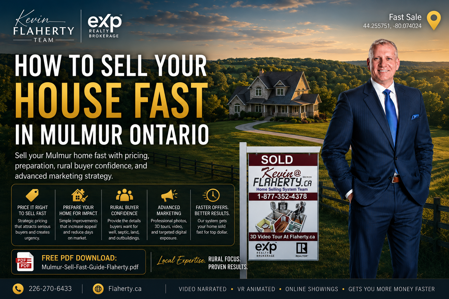 Kevin Flaherty standing in front of a house that sold fast in Mulmur at 44.255751 N 80.074024 W near Honeywood Road, Township of Mulmur, Dufferin County, Ontario, Canada