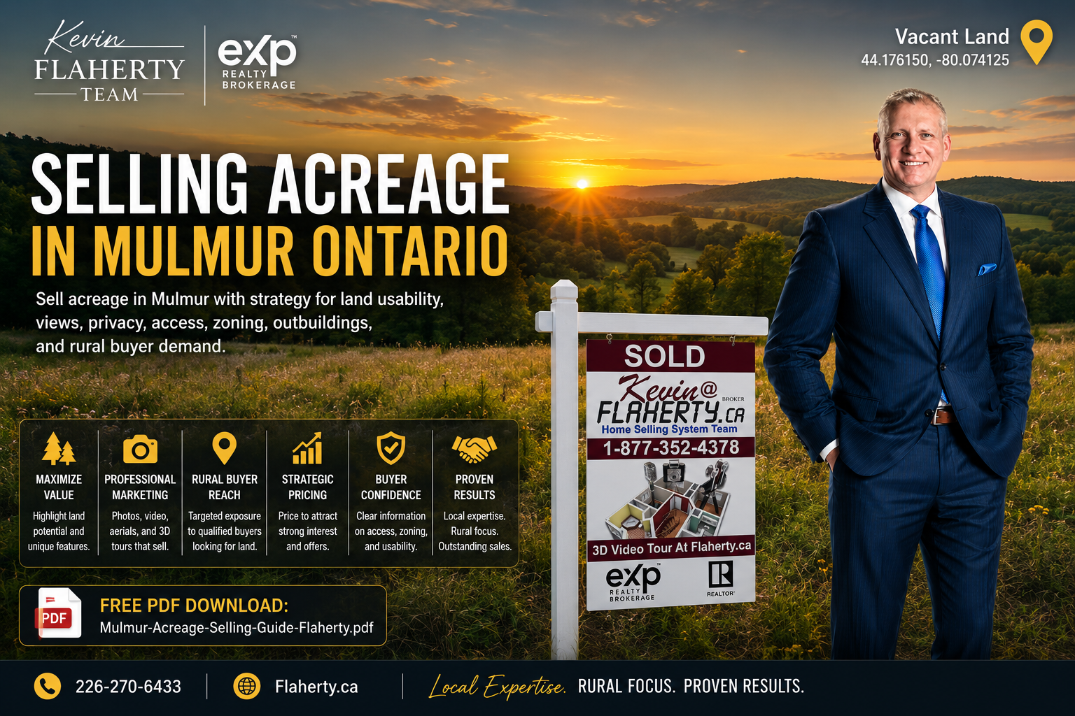 Kevin Flaherty standing on vacant land with a Flaherty Team Sold sign at 44.176150, -80.074125, Mulmur Township, Dufferin County, Ontario, Canada