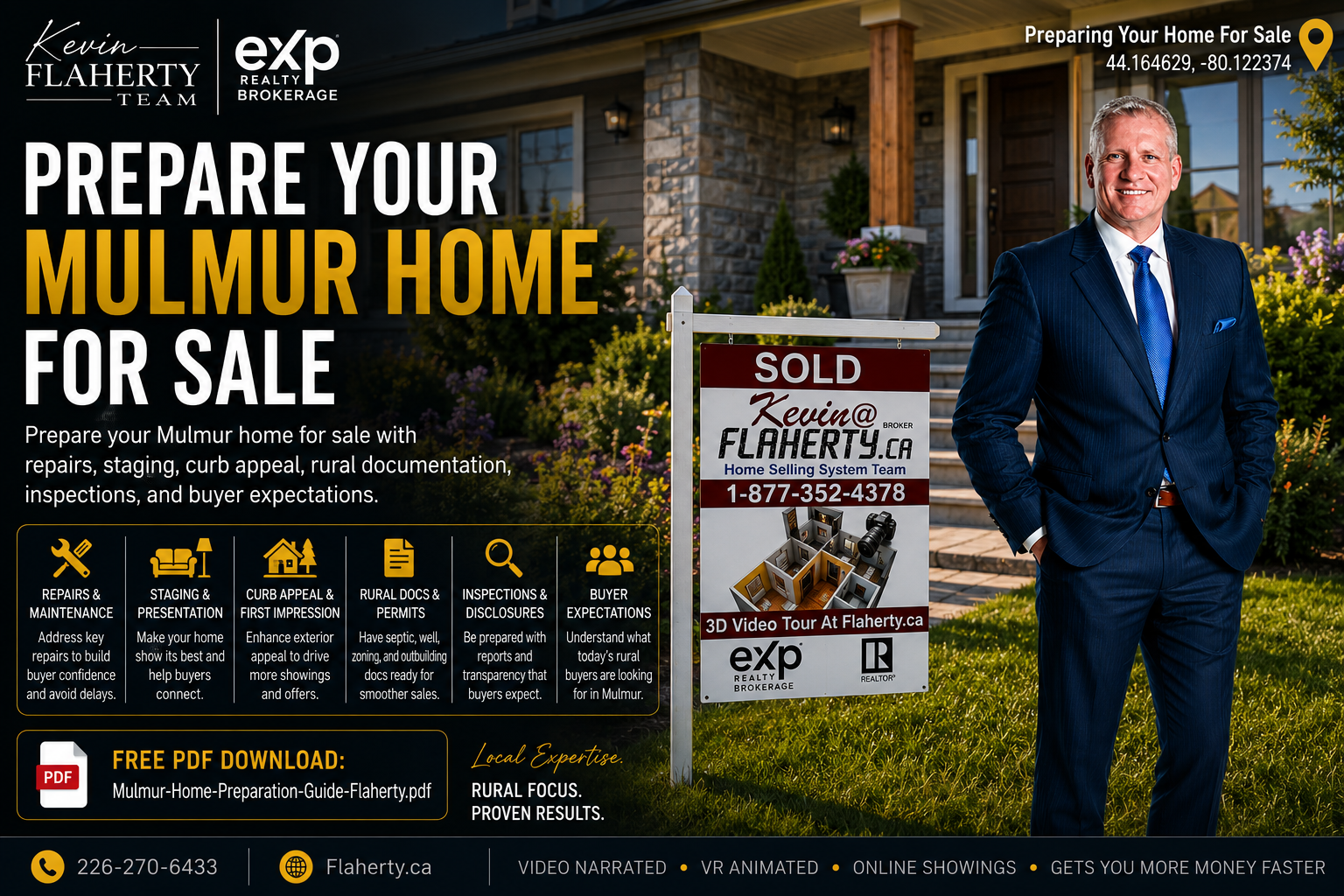 Kevin Flaherty standing at a home in Mulmur that had been prepared for sale, photographed at 44.164629 N 80.122374 W near 1st Line East, Mulmur Township, Dufferin County, Ontario, Canada