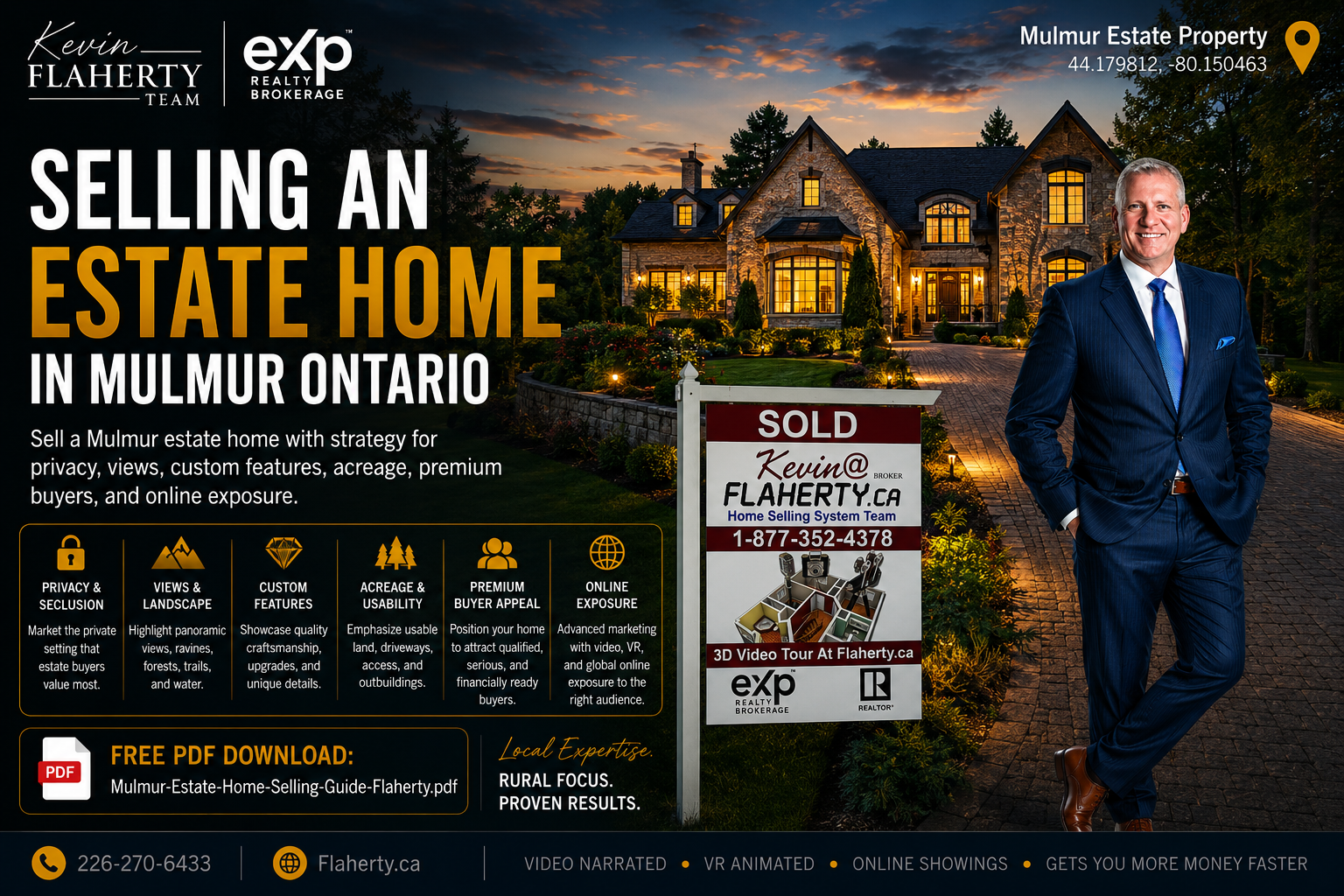 Kevin Flaherty standing outside an estate home in Mulmur with his sold sign at 44.179812 N 80.150463 W, Mulmur Township, Dufferin County, Ontario, Canada