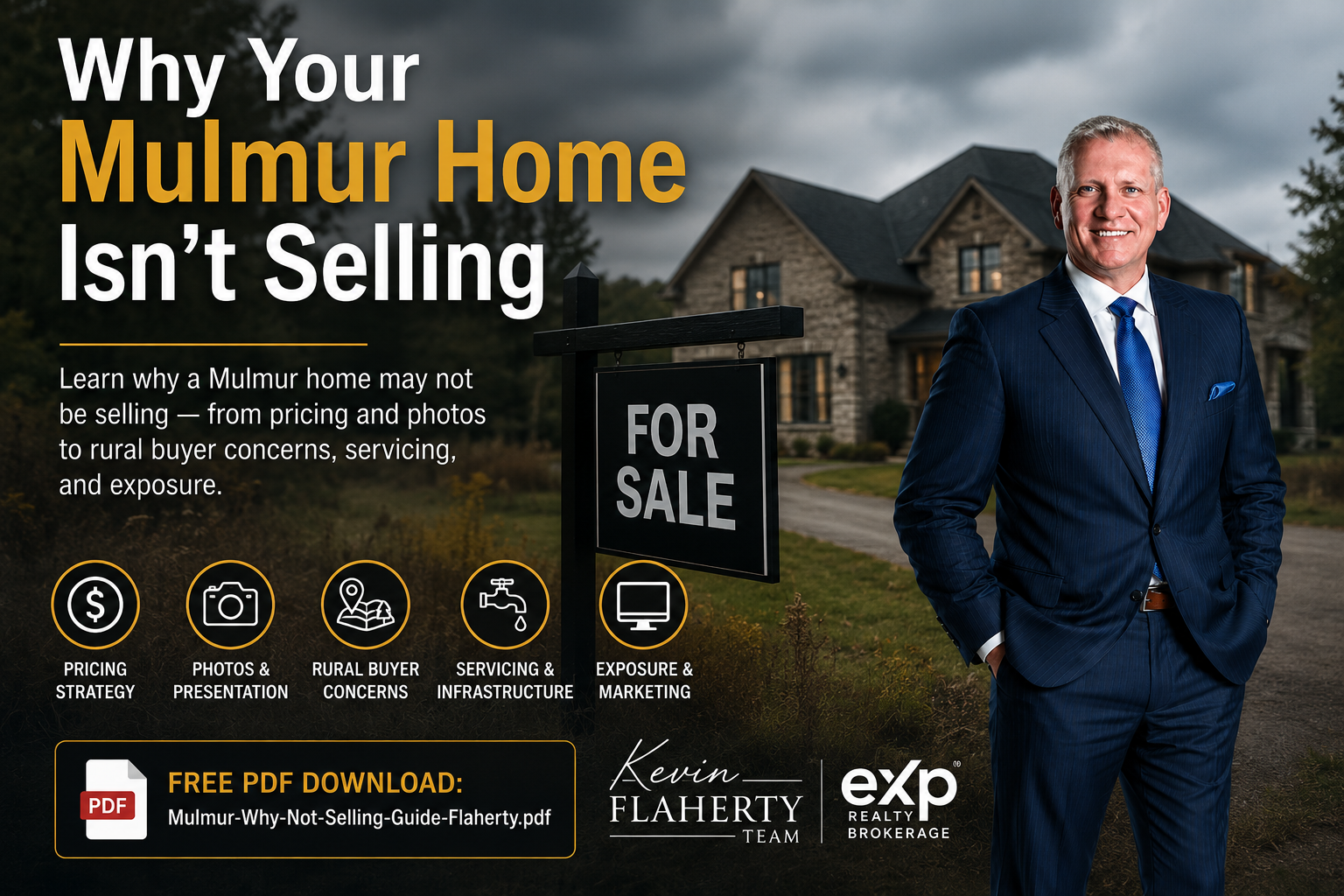 Kevin Flaherty standing in front of a home that is not selling in Mulmur at 44.165265 N 80.122811 W, Mulmur Township, Dufferin County, Ontario, Canada