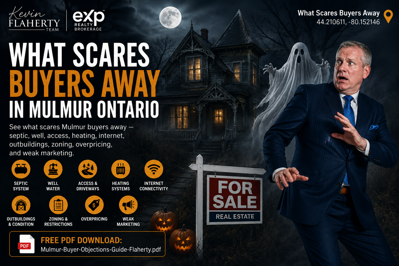 Scary house with ghost, Kevin looking scared and caption what scares buyers away in Mulmur at 44.210611, -80.152146