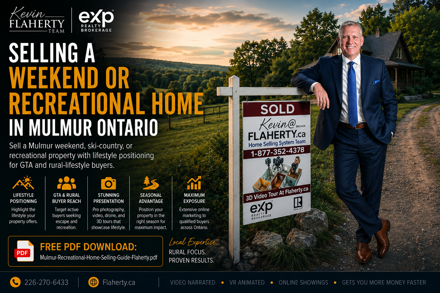 Kevin Flaherty in a blue suit in front of a recreational property in Mulmur at 44.269858, 80.113392