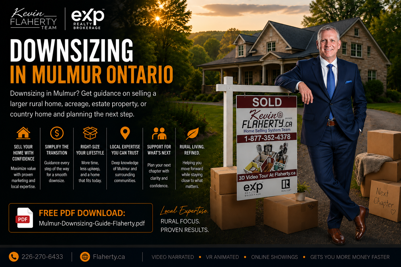 Kevin Flaherty leaning against his sold sign with move boxes and a house in the background, photographed at 44.202694 N 80.122005 W, Mulmur Township, Dufferin County, Ontario, Canada
