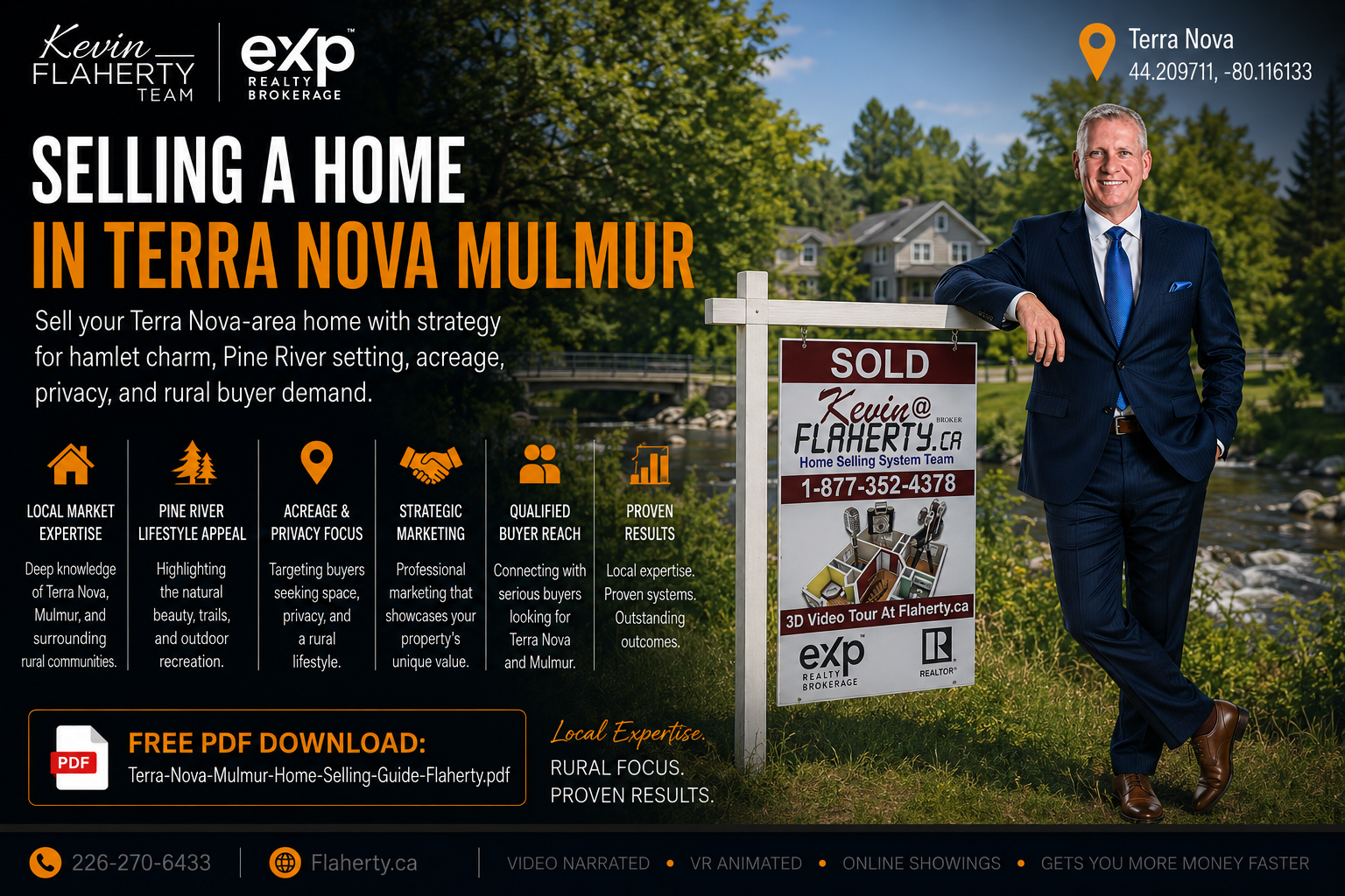 Kevin Flaherty standing at a for sale sign in front of a house in Terra Nova at 44.209711, -80.116133