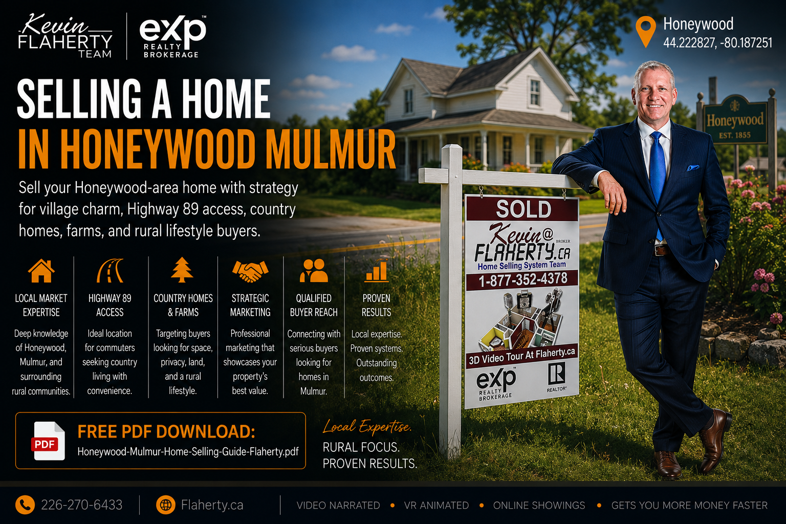 Kevin Flaherty standing at a SOLD sign in Honeywood Mulmur, photographed at 44.222827 N 80.187251 W, Mulmur Township, Dufferin County, Ontario, Canada