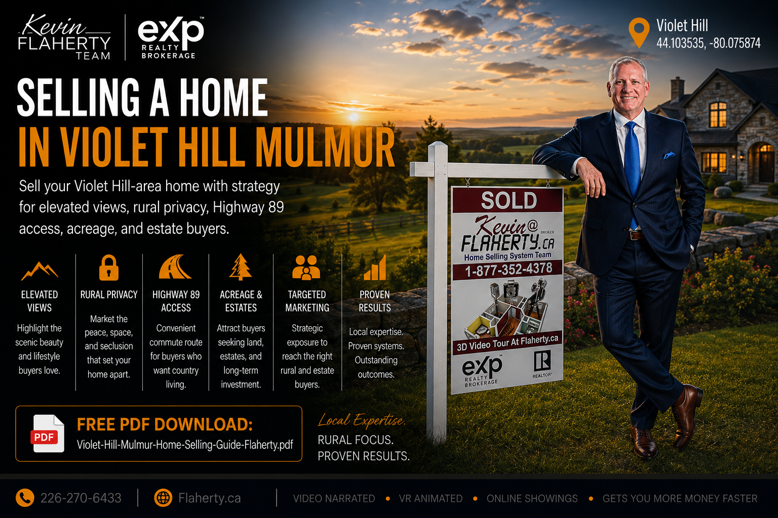 Kevin Flaherty standing in front of a home with a sold sign at 44.103535, -80.075874, Violet Hill, Mulmur Township, Dufferin County, Ontario, Canada