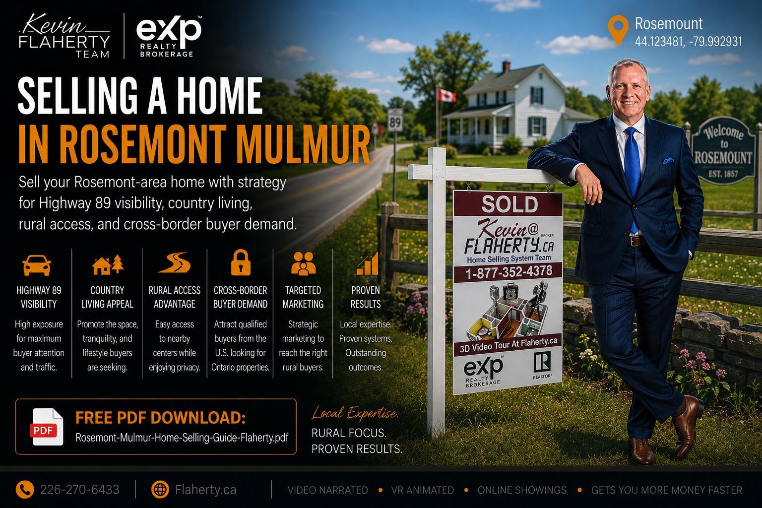 Kevin Flaherty standing with his sold sign in front of a Rosemont house at 44.123481, -79.992931