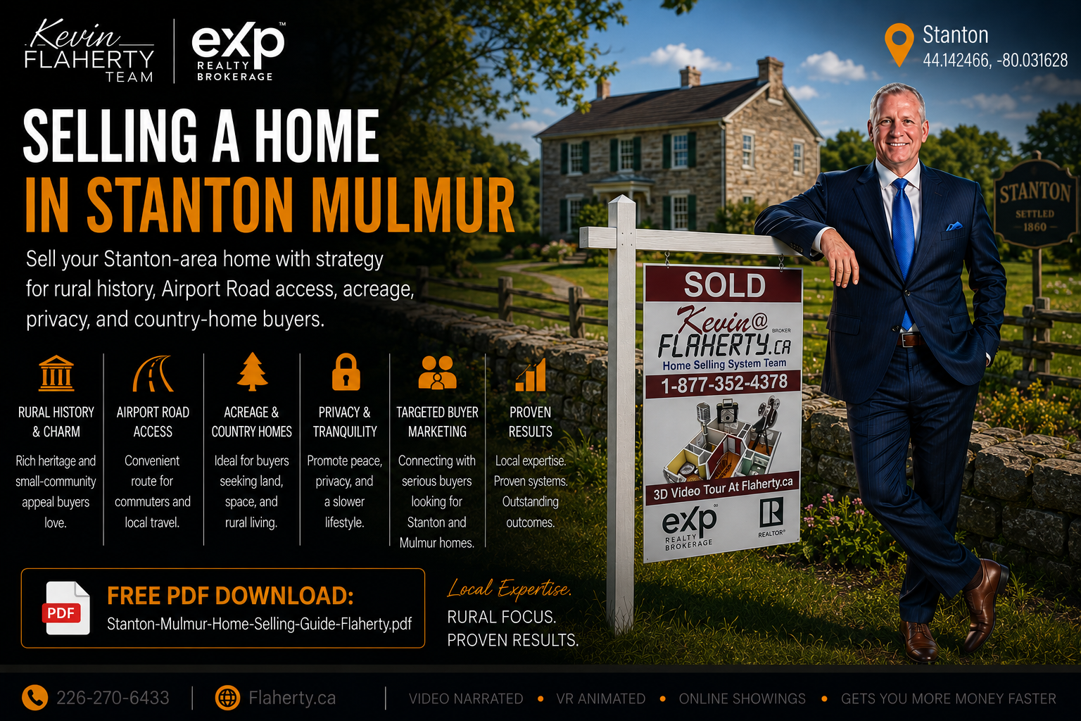 Kevin Flaherty in a suit standing beside his sold sign in front of a house in Stanton at 44.142466, -80.031628