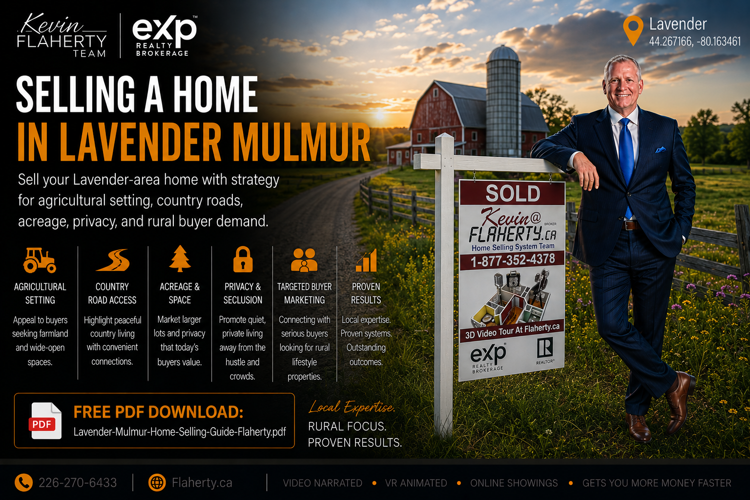 Kevin Flaherty in a suit standing beside his sold sign in front of a farm in Lavender at 44.267166, -80.163461