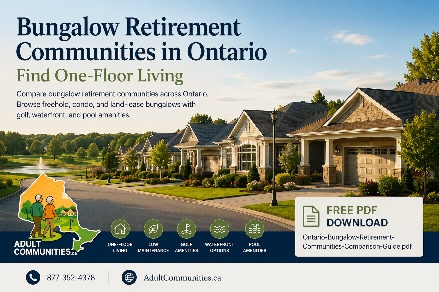A beautiful bungalow retirement community street with a pond at the end of the street on a summer day, photographed at 43.919°N -80.097°W