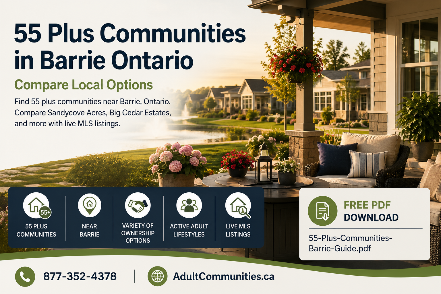 The rear patio of an adult lifestyle community overlooking the a large water feature in a pond at 44.353582, -79.549268