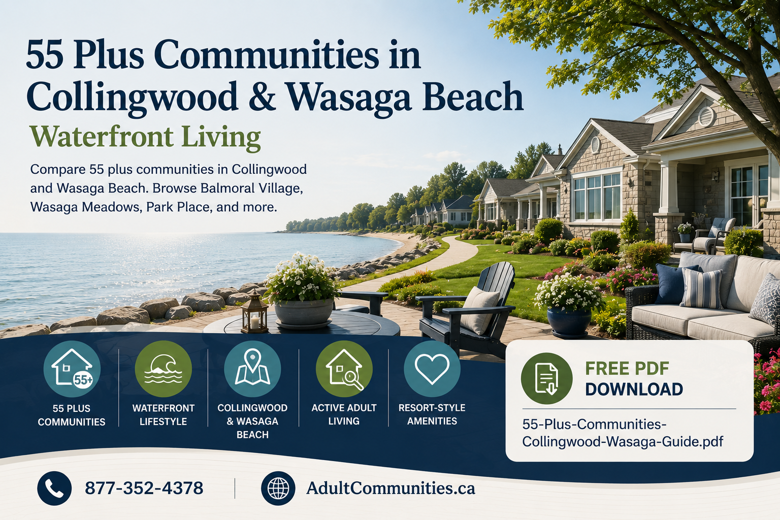 The rear patio of an adult lifestyle community overlooking the a large water feature in a pond at 44.500082, -80.183132